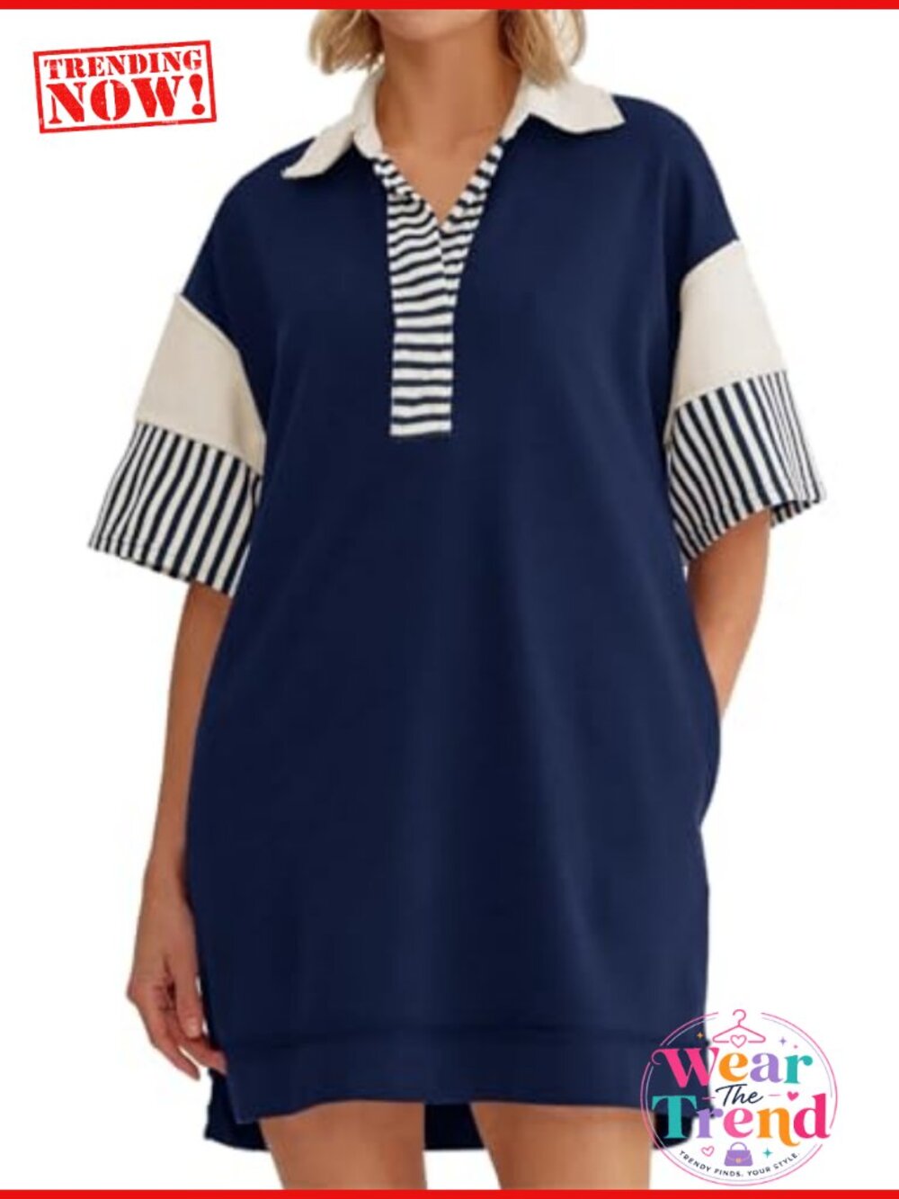 Wenrine Polo V Neck Short Sleeve Sweatshirt Dress Oversized Mini